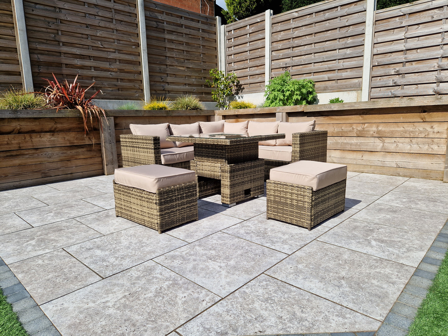 Signature Weave - Outdoor Furniture - Georgia Nature Brown Corner Sofa With Lift Table Ice Bucket & 2 Ottomans